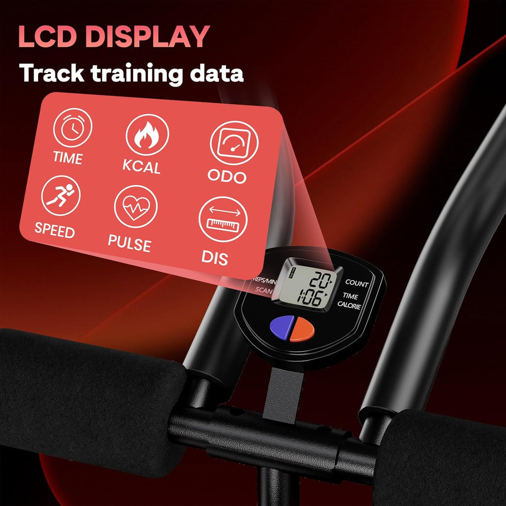 Motionscykelkonsol med LCD-display som visar olika träningsdata mot en mörk bakgrund