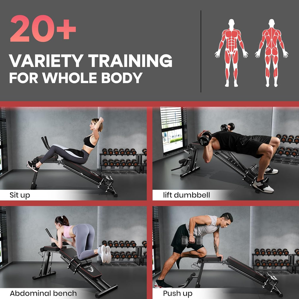 Gymmiljö med människor som tränar och sms om varierad träning för hela kroppen.