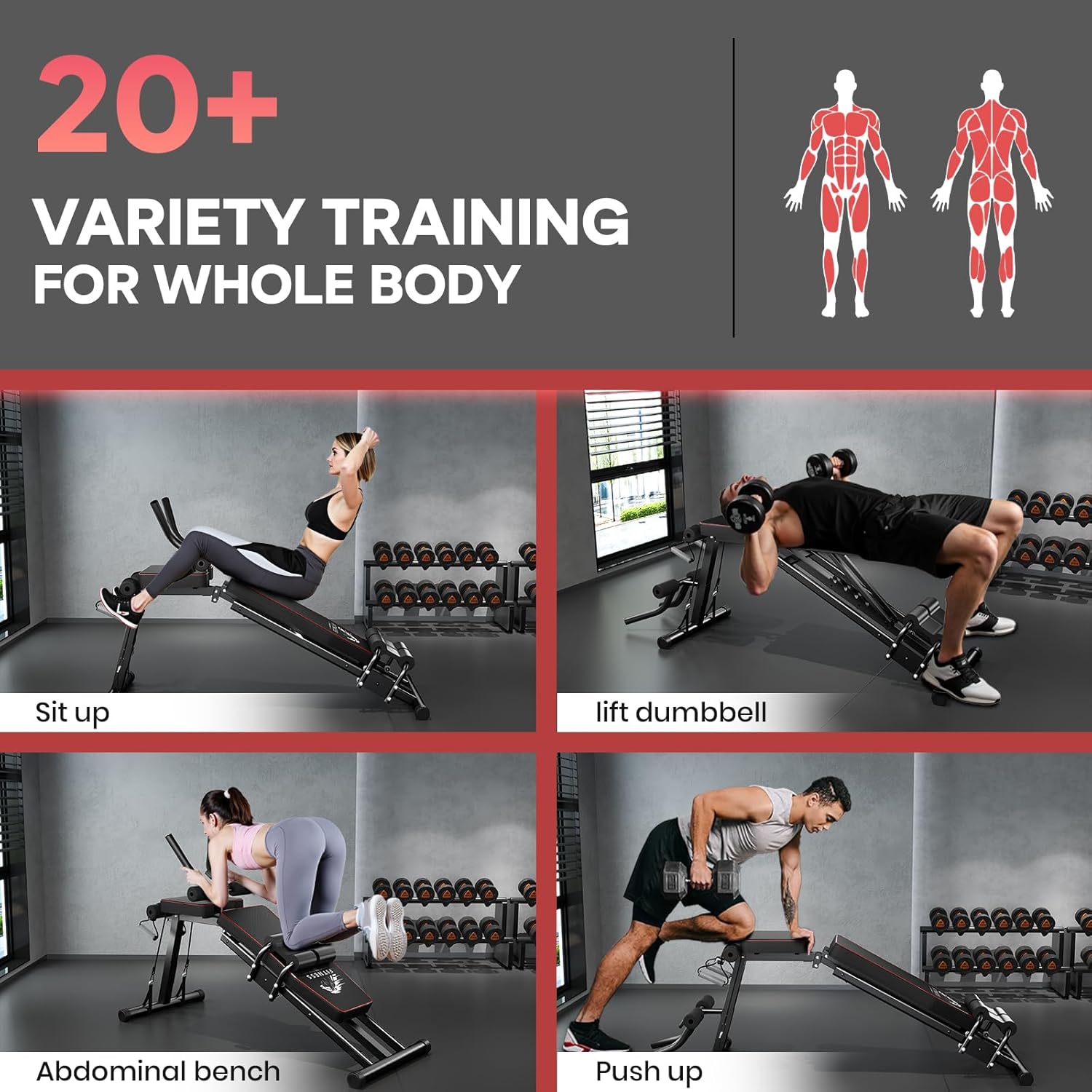 Gymmiljö med människor som tränar och sms om varierad träning för hela kroppen.