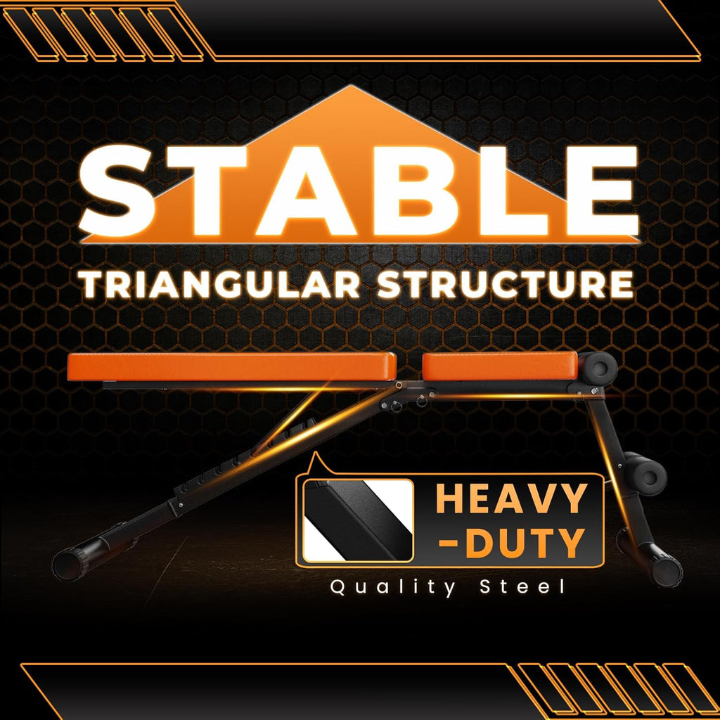Robust träningsbänk med texten "Stabil triangulär struktur" och "Heavy-Duty Quality Steel" på en mörk bakgrund.