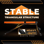 Robust träningsbänk med texten "Stabil triangulär struktur" och "Heavy-Duty Quality Steel" på en mörk bakgrund.