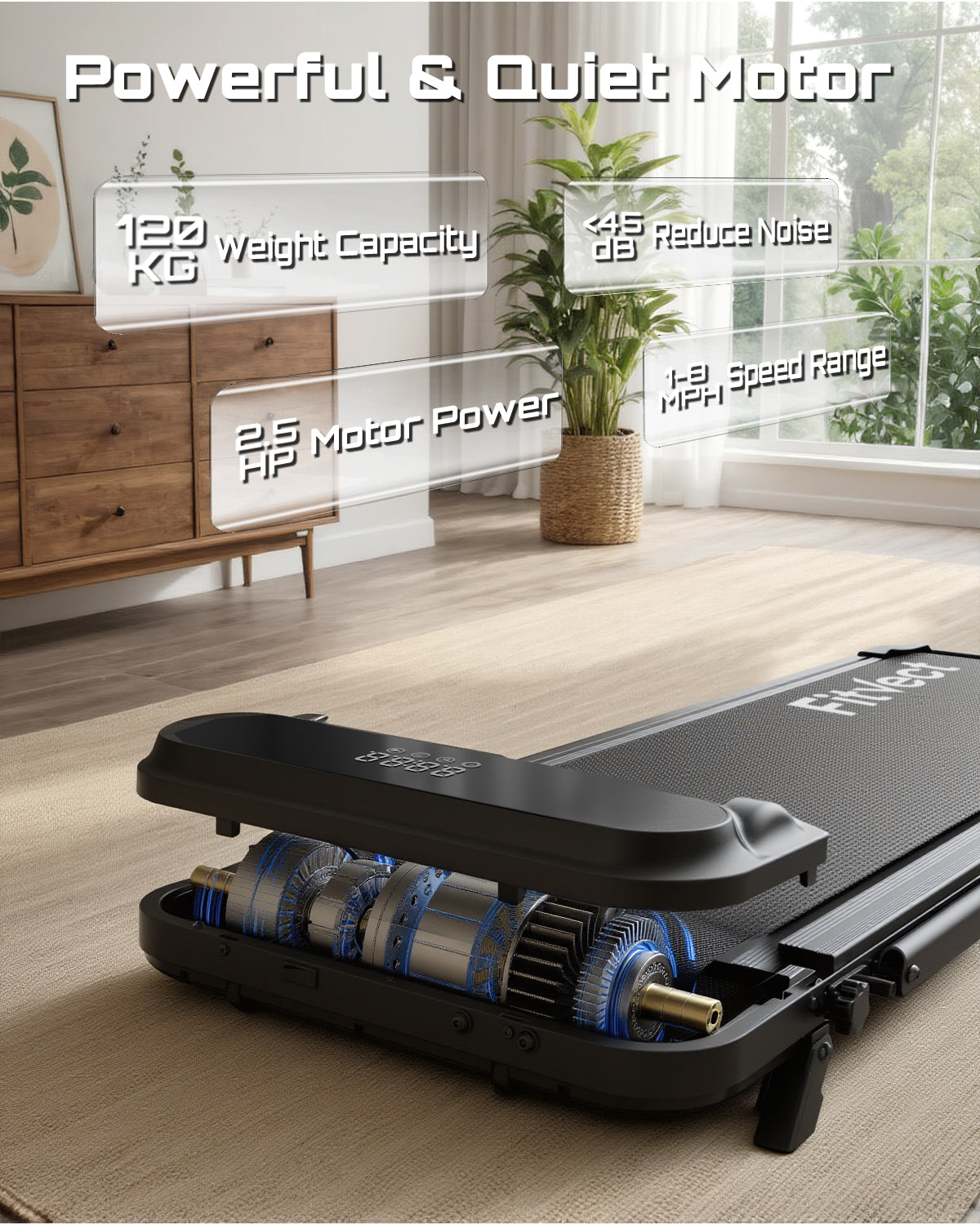 Löpband med motordetaljer i hemmiljö