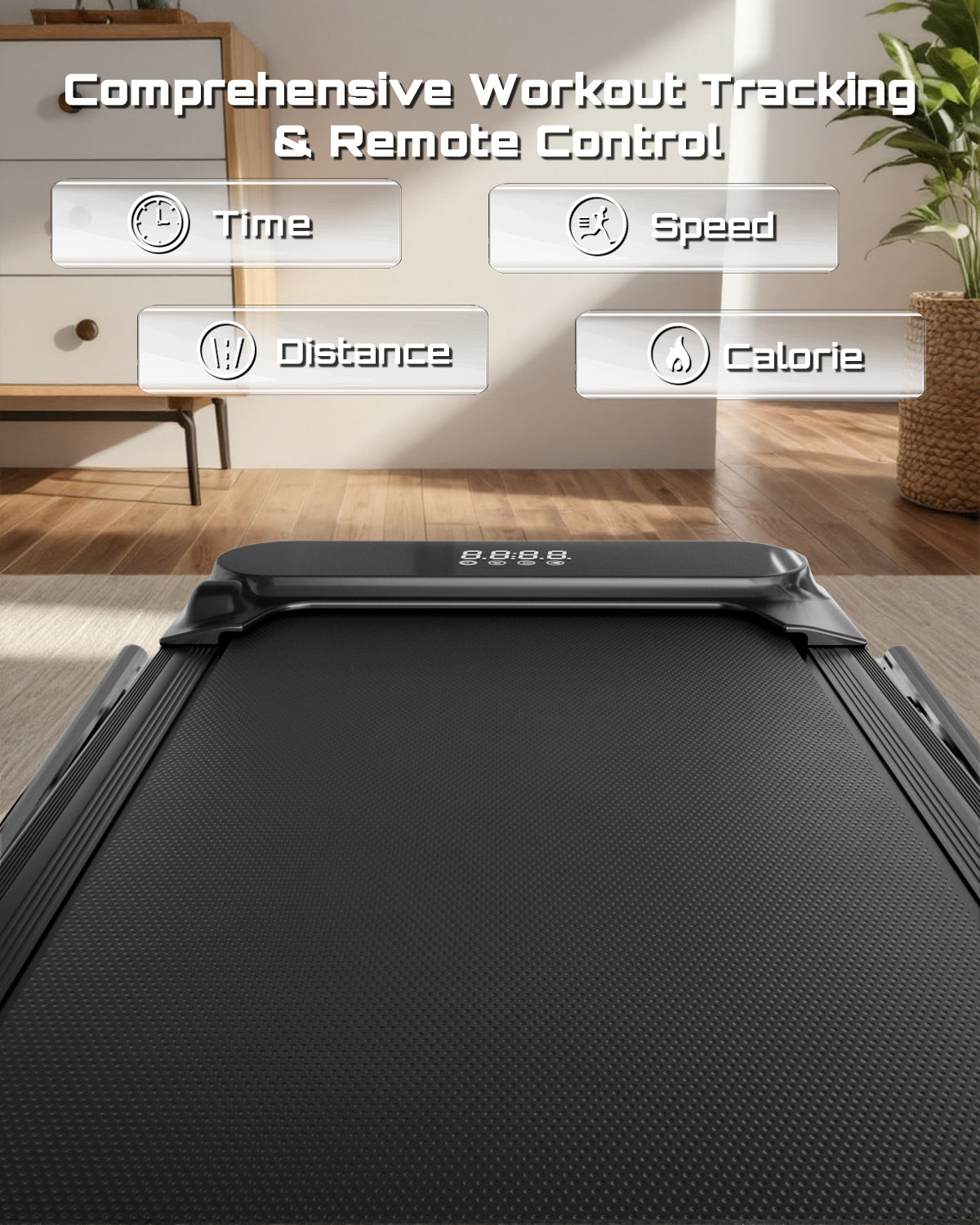 Löpband med träningsspårningsfunktioner som visas på en skärm
