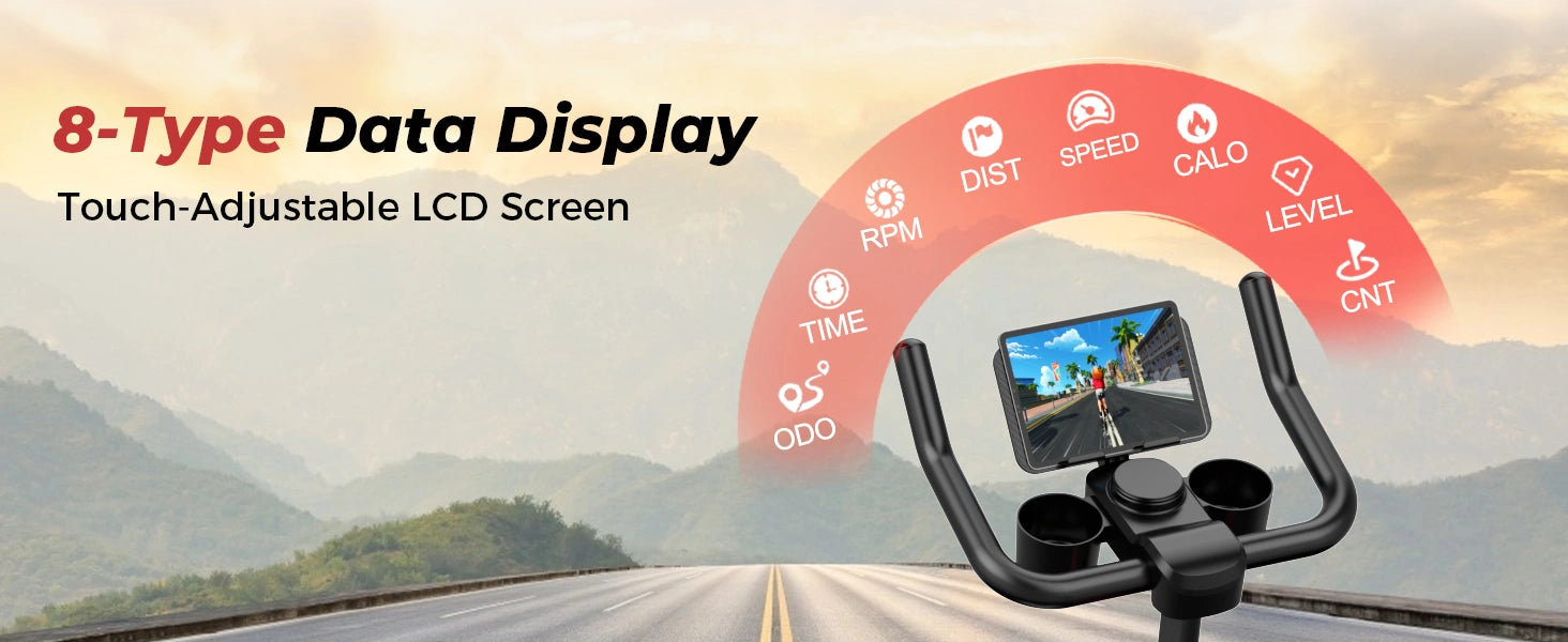 Fitnesscykel med digital display och bakgrund med bergsväg