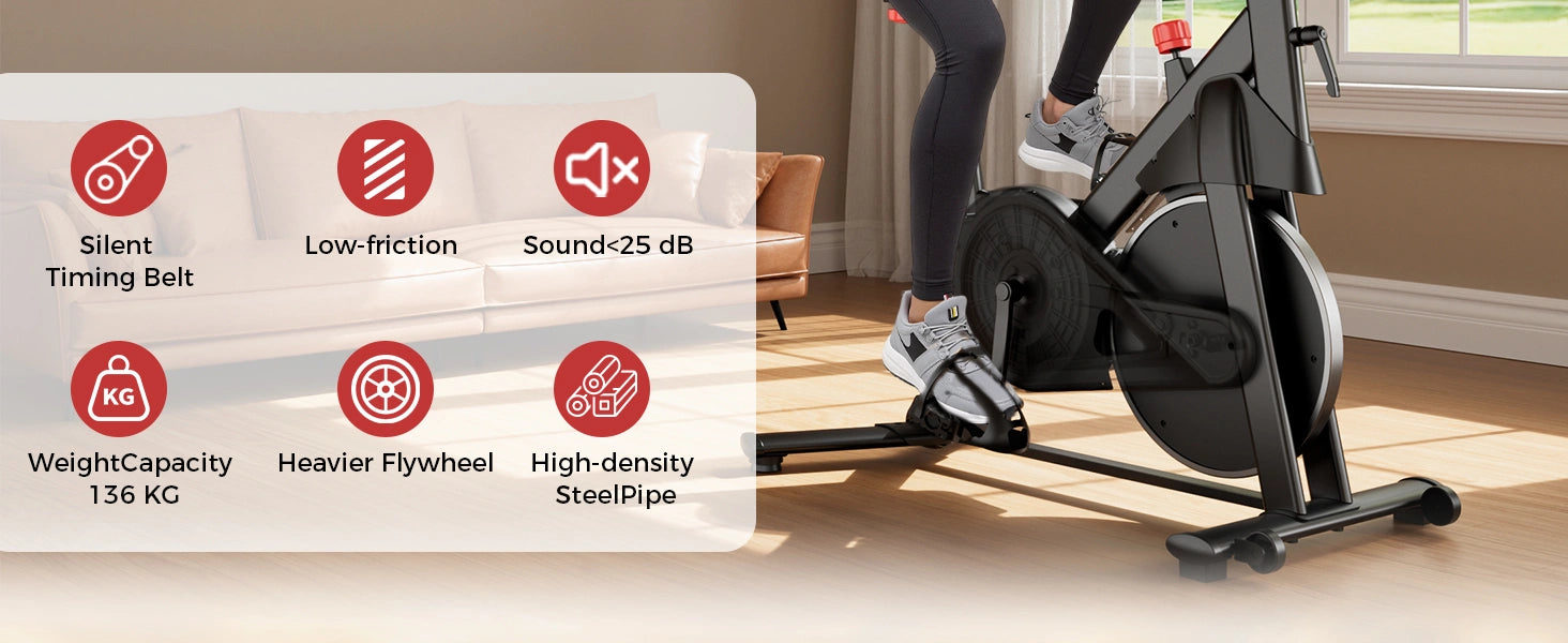 Motionscykel med funktioner markerade på ett vitt överlägg