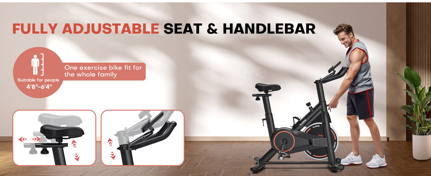 Person som använder en motionscykel med justerbar sadel och styre, inomhusmiljö.