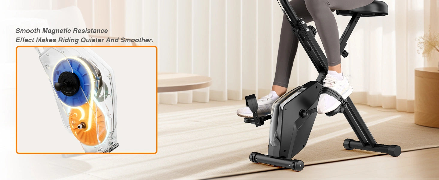 Person som använder en magnetisk motståndscykel med närbild av motståndsmekanism.