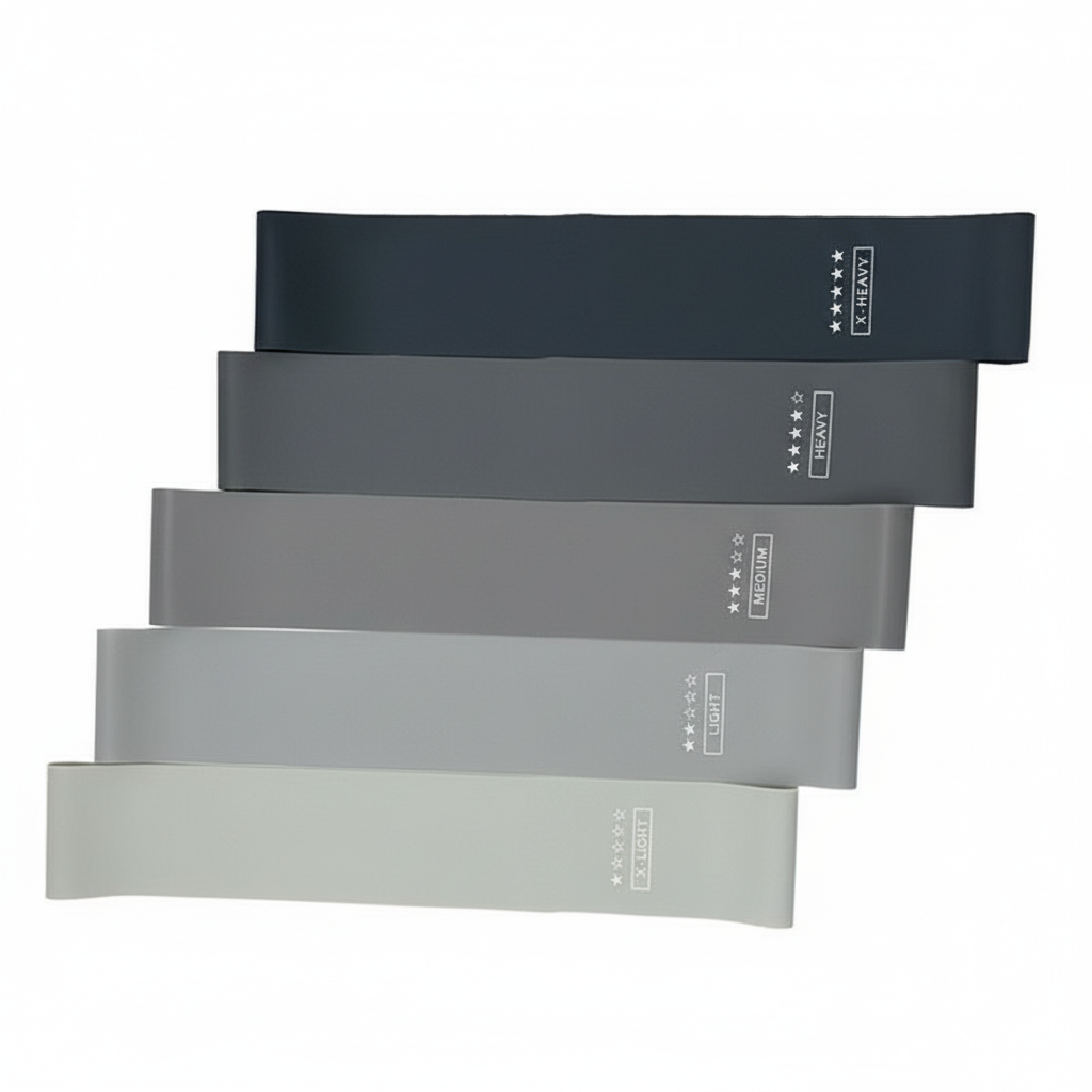 Set med 5 svarta, grå och vita motståndsband på vit bakgrund