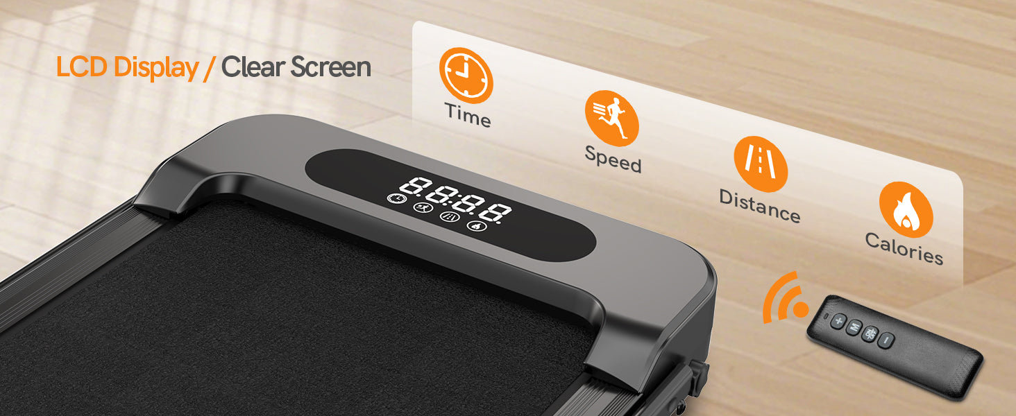 Löpband med digital display och fjärrkontroll på en träyta