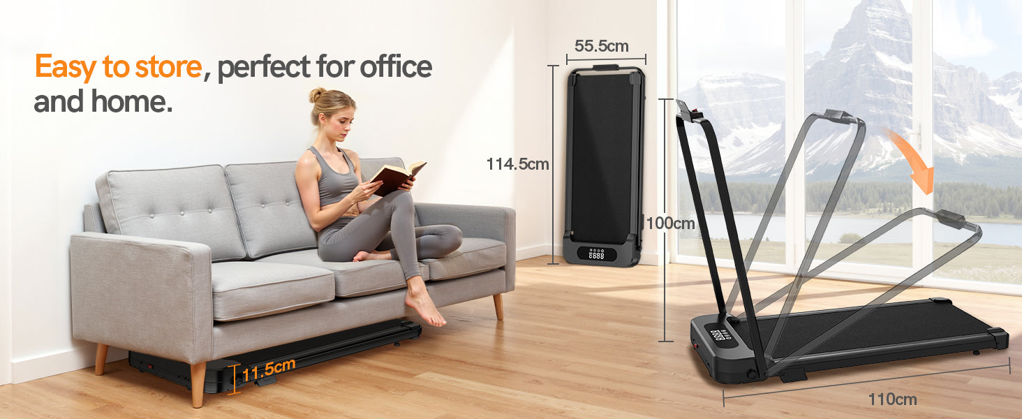 Kvinna som läser i en soffa med ett löpband bredvid och visar mått.