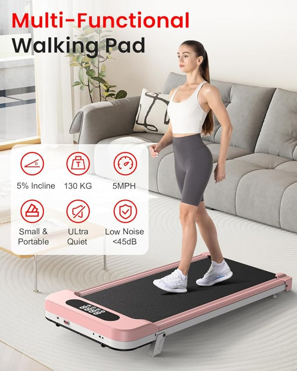 Kvinna som använder en rosa multifunktionell gångmatta i ett vardagsrum.