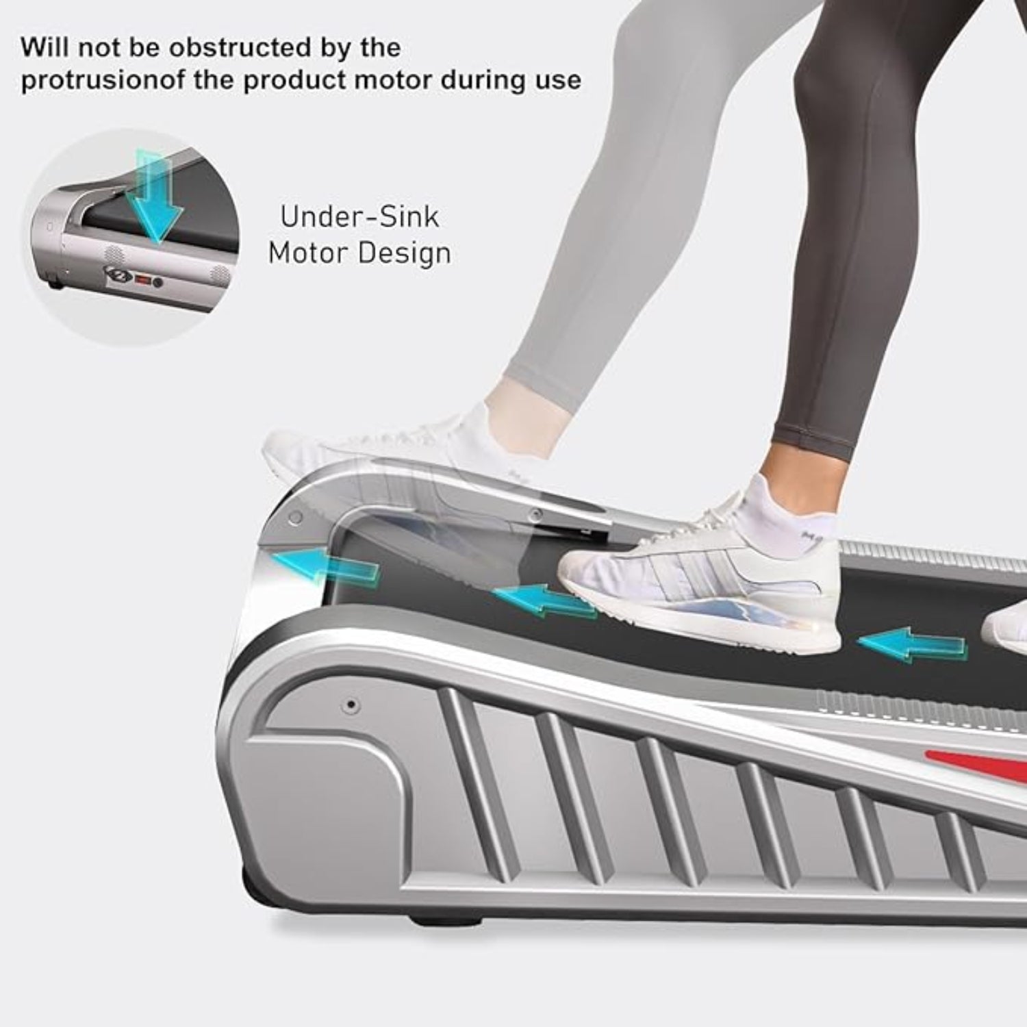 Person som använder en bärbar stegmaskin med text som markerar designen av en motor för undervasken.