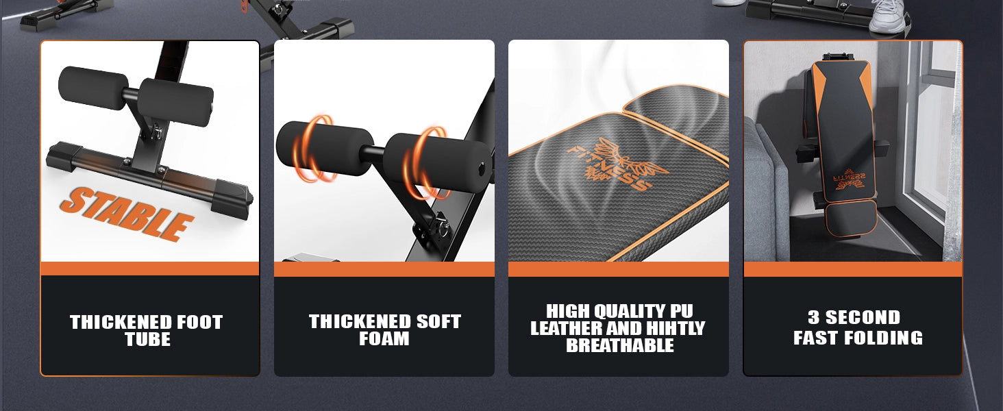 Produktegenskaper hos en träningsbänk med text som markerar designelement.