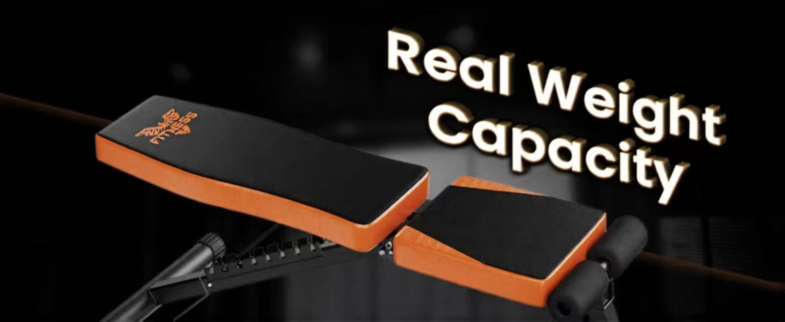Träningsutrustning med texten "Verklig viktkapacitet" på en mörk bakgrund