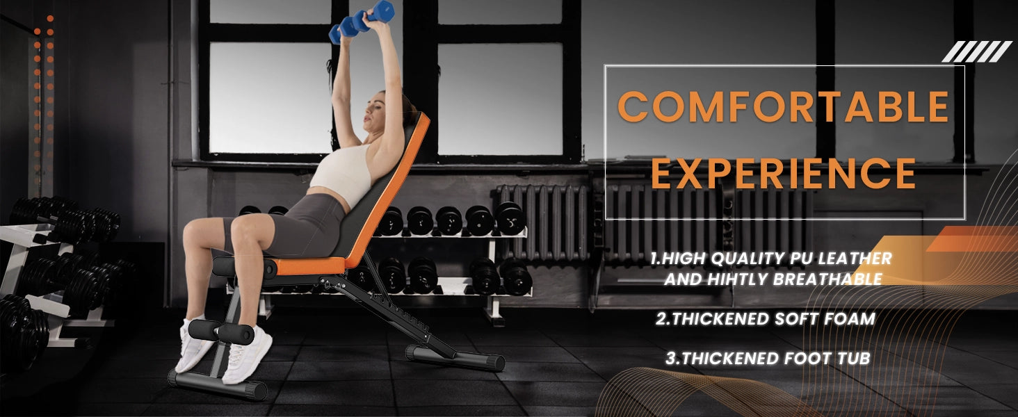 Kvinna som tränar på en gymbänk med träningsutrustning i bakgrunden