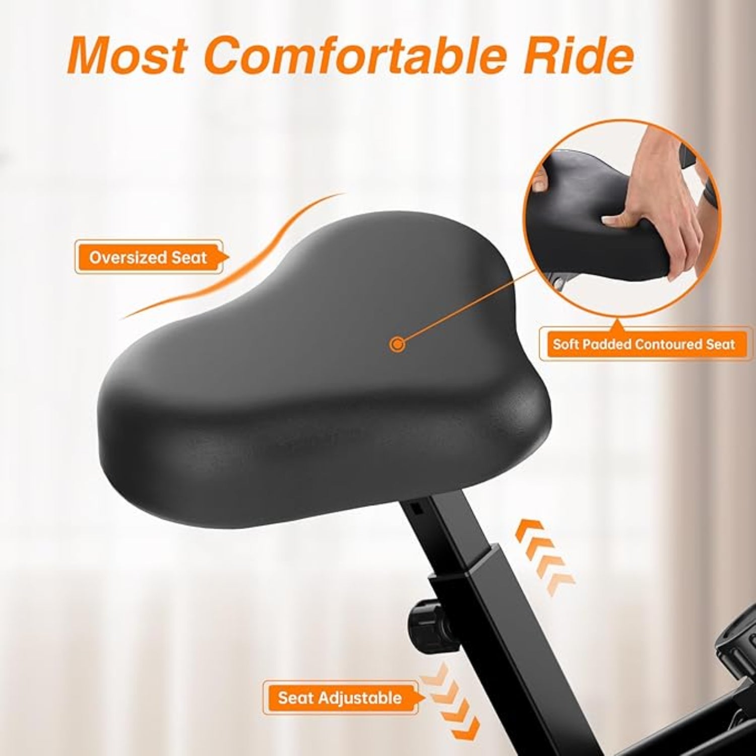 Cykelsadel med överdimensionerad och mjuk vadderad design, märkt "Most Comfortable Ride".
