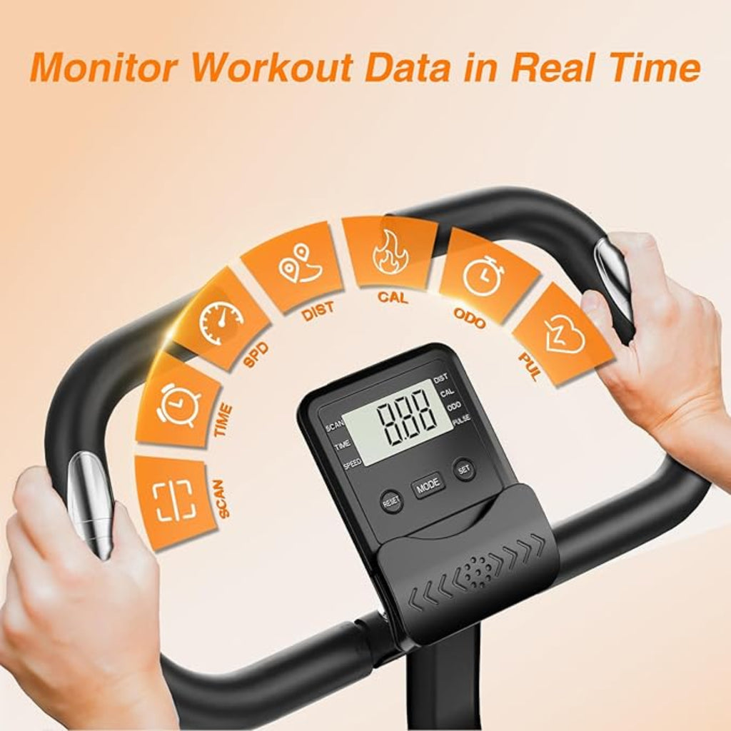 Handhållen elektronisk enhet med digital display och orange ikoner på beige bakgrund