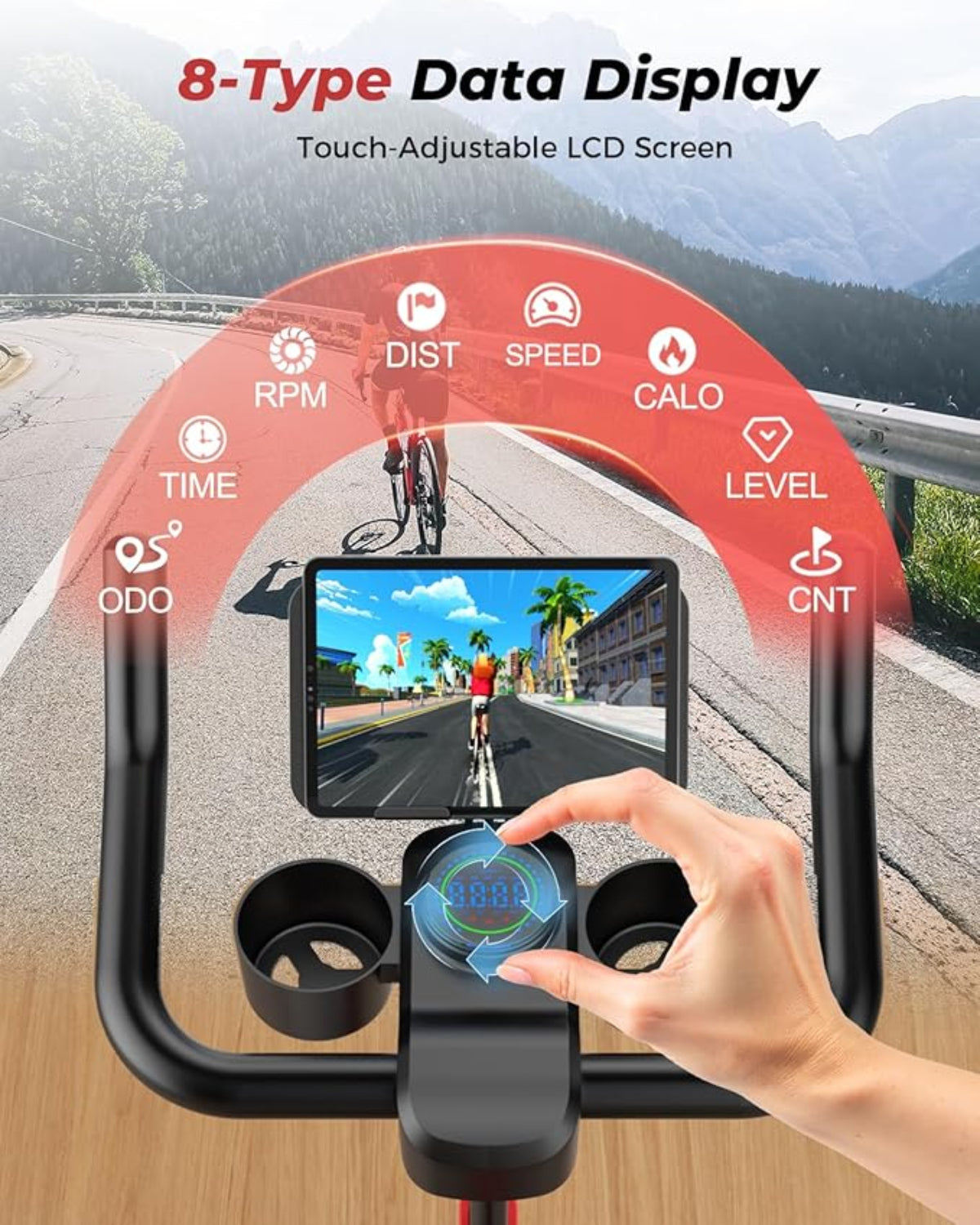 Cykeldator med pekskärm med justerbar LCD-skärm som visar olika cykeldata mot en vägbakgrund.