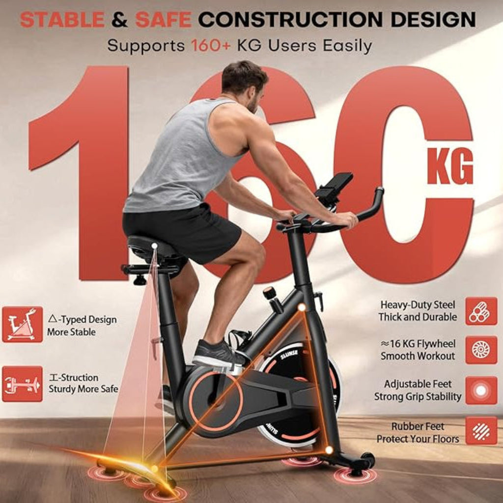 Person som använder en motionscykel med text som framhäver dess funktioner och viktkapacitet.