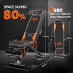 Platsbesparande justerbar gymbänk med mått och fällbara detaljer mot mörk bakgrund