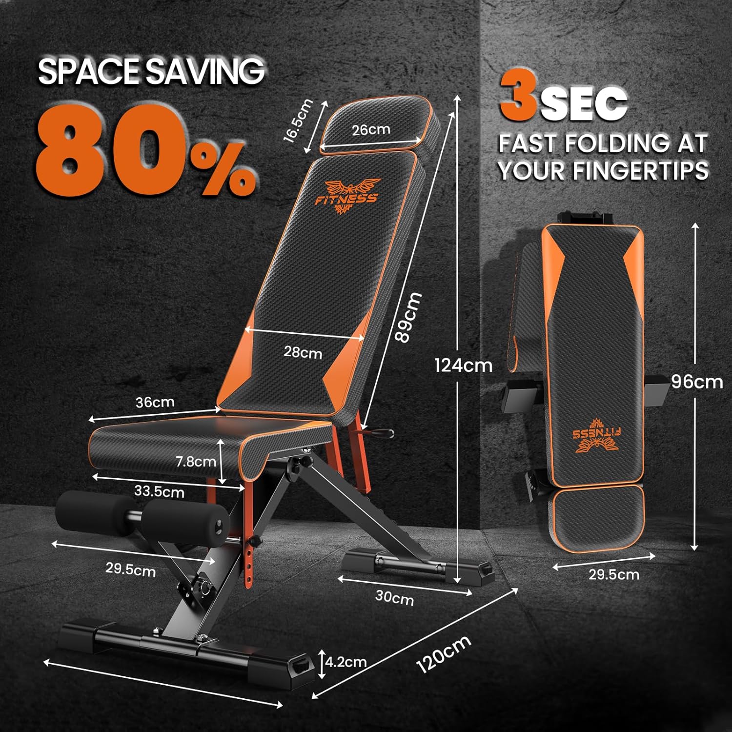 Platsbesparande justerbar gymbänk med mått och fällbara detaljer mot mörk bakgrund